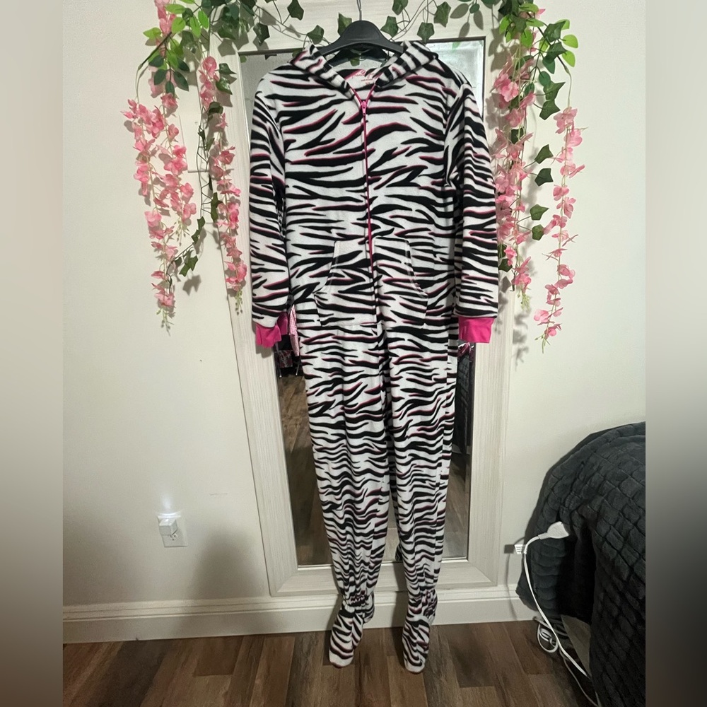 Zebra Print Hooded Pajama Onesie with Pink Accents